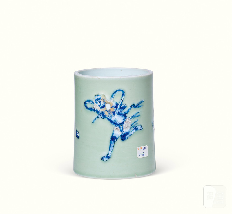 清康熙 青花釉里红魁星点斗纹笔筒